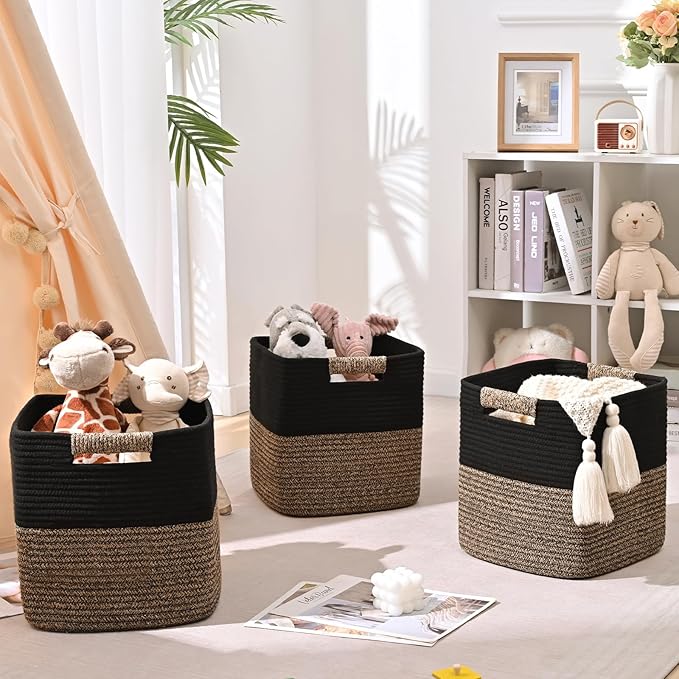 13 Inch Storage Cubes, 3 Pack Cube Storage Bins for Organizing, Cotton Rope Woven Baskets for Shelves, Bathroom, Kids Room, Closets, Baby Nursery