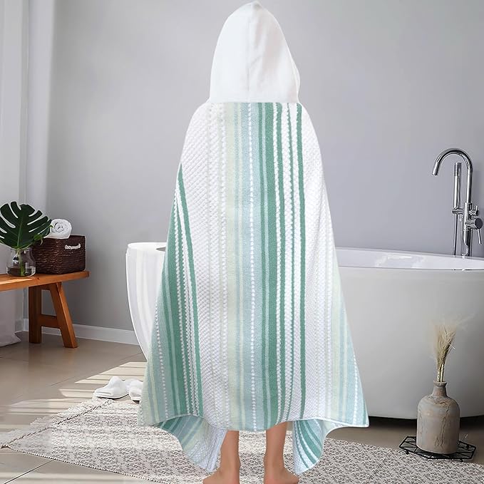 Hooded Bath Towel for Teens (8-14 Years,64"X33") | Soft Fluffy Quick Dry Absorbent 100%Cotton Thick Towel Wrap for Big Kids | Versatile Beach, Pool, Swim & Bath Cover-Up | Light Green Vertical Stripe