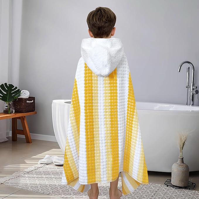 Hooded Bath Towel for Teens/Big Kids (8-14 Years,55"X28") | Soft FluffyQuick Dry Absorbent 100%Cotton Thick Towel Wrap | Versatile Beach, Pool, Swim & Bath Cover-Up | Pale Yellow Vertical Stripe