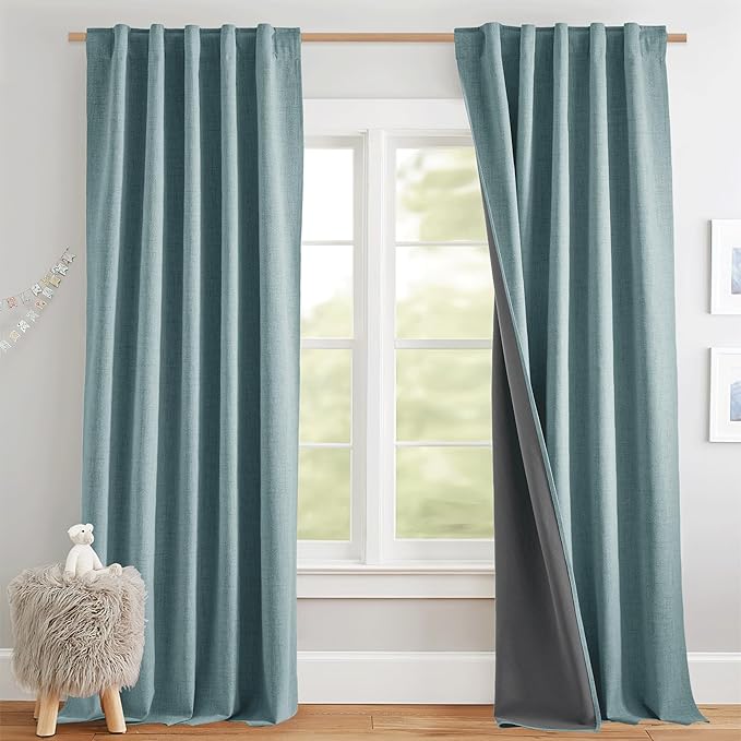 NICETOWN Skylark Blue Full Blackout Back Tab Linen Curtains for Bedroom 84" Long 2 Panels, Boho-Chic Thick Linen Blend Drapes, Insulated Window Cover Draperies with White Backing for Cafe (42" Wide)