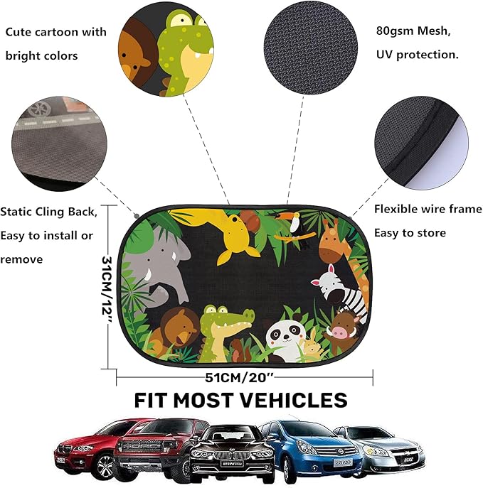 MOVINPE Car Sun Shade for Baby Kids 2 Pack Static Cling Side Window Car 80GSM Rear Sunshades Universal with 8 Suction Cups and Storage Bag - Sun Glare and UV Rays Protection (Jungle Animals)