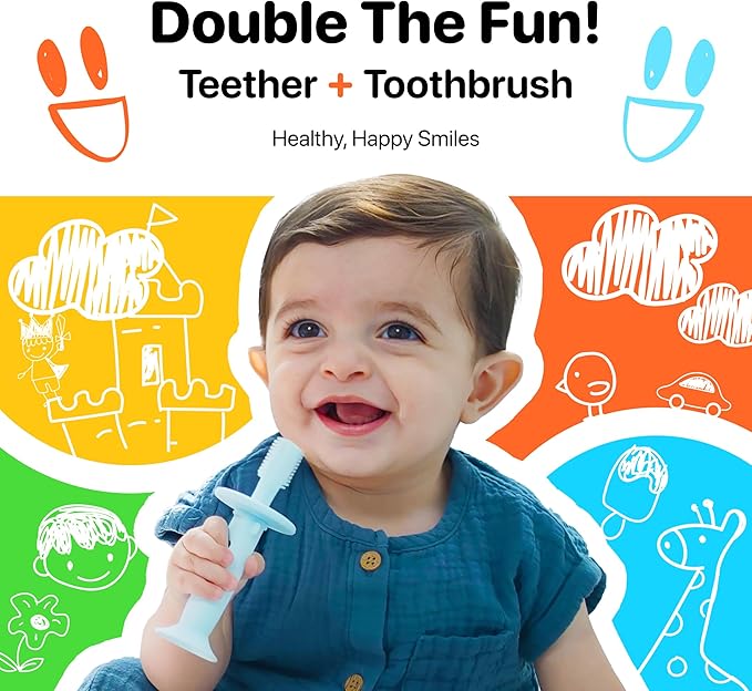 Vibrating Baby Teether & Toothbrush l Teething Relief & Bone Conduction Music l Soft BPA-Free Silicone Baby teethers, Oral Sensory chew Toys for Kids & Babies,Teething Toys 9-24 Months, Blue