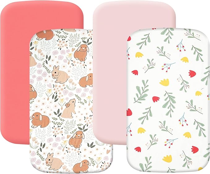 4 Pack Bassinet Sheets (20" x 33"), Compatible with Angelbliss, YADAQE, Maxi-COSI Iora/Swift, Pamobabe, BIERUM and Papablic Baby Bassinet, Soft and Skin-Friendly, Pink Rabbit