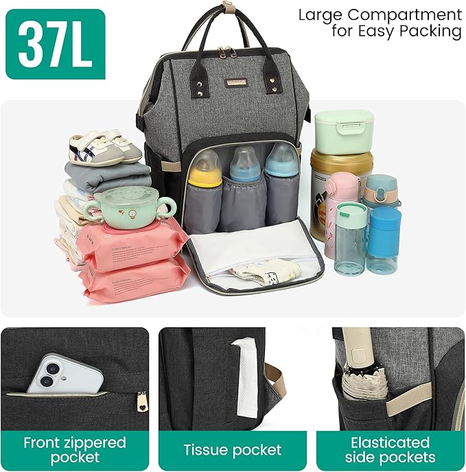 Vacuum Compression Diaper Bag, Expandable Waterproof Baby Travel Backpack with Insulated Pockets, Wet-Dry Separation, and Detachable Airtight Bag(No Air Pump)