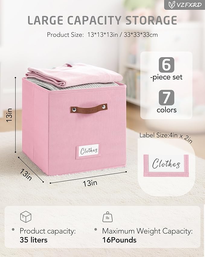 13 Inch Cube Storage Bin Fabric Basket with Handles and Labels, Cube Storage Organizer for Closet, Bedroom, Living Room (Pink,6 Pack)