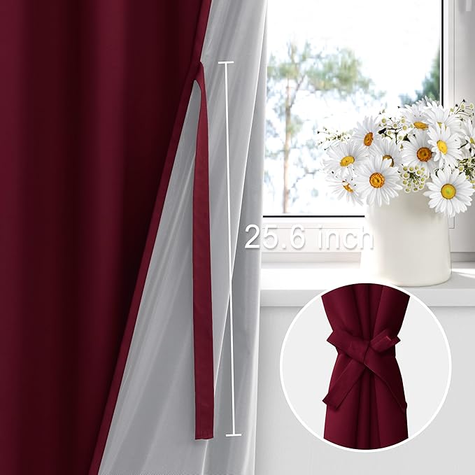 XWZO 100% Blackout Curtain Panels - Rod Pocket & Back Tab Thermal Insulated, Noise Reducing and Heat Blocking Drapes for Hall and Studio Windows with Tiebacks, Burgundy, W42 x L63, Set of 2