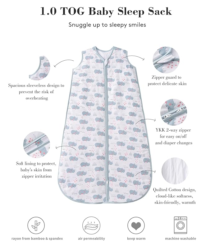 TADO MUSLIN Baby Sleep Sack 2-4 T 95% Rayon from Bamboo 5% Spandex Boys & Girls Wearable Blanket 1.0 TOG Toddler Sleeping Sack Warm 2- Way Zipper X-Large Rhino