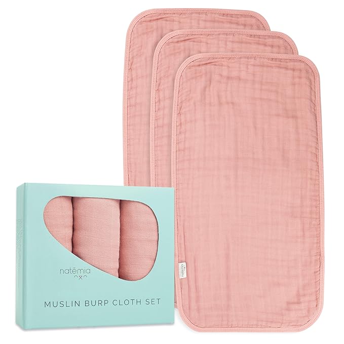 Natemia Ultra Soft Muslin Burp Cloths – Large, Super Absorbent Baby Burp Cloths for Newborn Spit Up - Machine Washable for Drool and Messes Essentials for Boys & Girls, 3 Pack