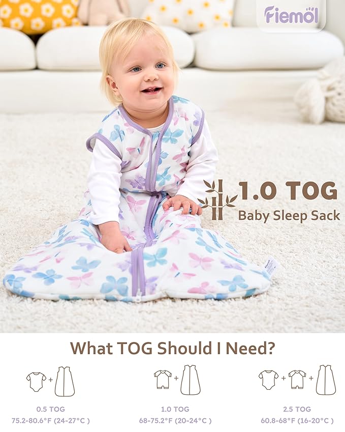 FIEMOL Rayon Made from Bamboo Baby Sleep Sack 12-18 Months, 1.0 Tog Baby Wearable Blanket, Soft Sleeping Bag for Infant Toddler Babies with 2-Way Zipper 2 Pack (Large) Purple Butterfly