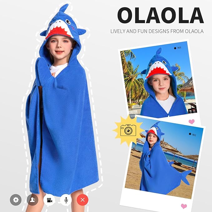 OLAOLA Shark Hooded Towel for Kids 3-12 Years, 28" x 53" Soft Thick Absorbent Beach Towels, Toddler Bath Towel Wrap, Swim Pool Towels Poncho for Boys Girls