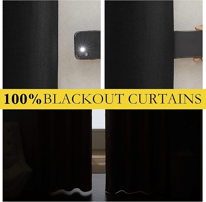 NICETOWN Black out Linen Curtains for Living Room with Back Tab, Complete Blackout Shades for Large Window Door, 100% Blackout Window Curtain Panels with White Lined, 52" Width by 95" Length, 2 Pieces