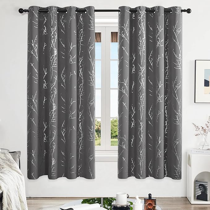 Deconovo Grey Blackout Curtains for Bedroom, Thermal Insulated Soundproof Drapes, Silver Branch Foil Print, 52 x 72 Inches Long, 2 Panels, Machine‑Washable Grommet Window Panel for Living Room Office