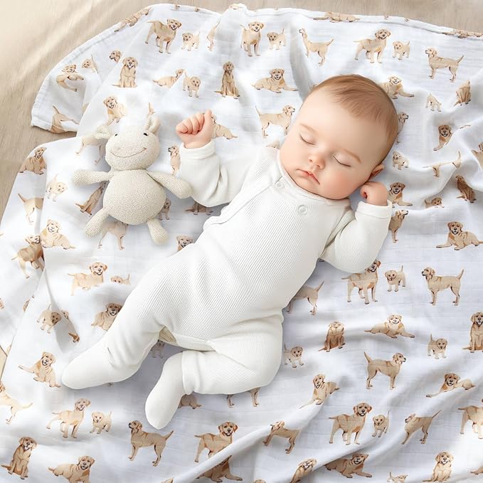LifeTree Baby Swaddle Blankets Dog Pattern, Muslin Blankets Boys Girls Swaddling Wrap Receiving Blanket for Newborn, 70% Viscose from Bamboo and 30% Cotton, Large 47" x 47", Labrador