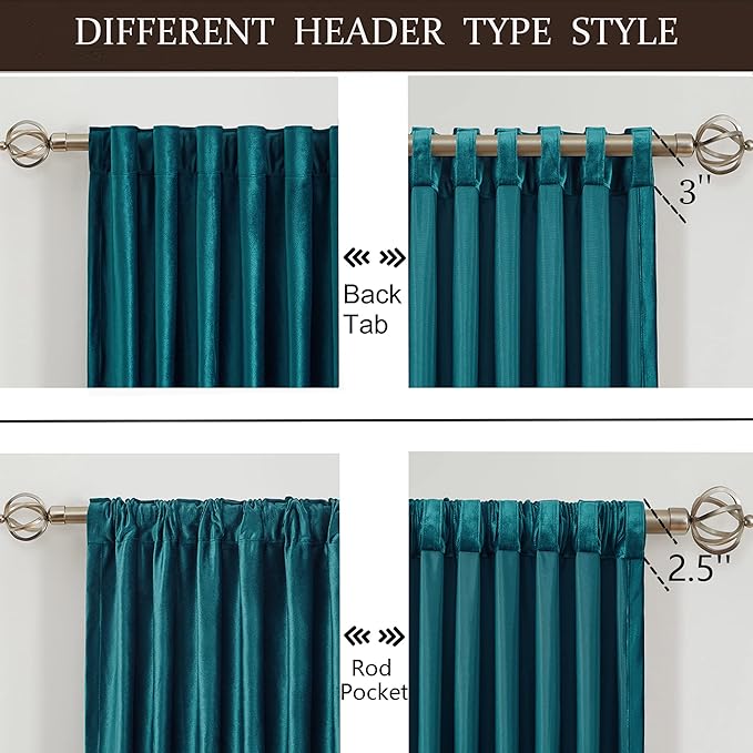 100% Full Blackout Teal Green Velvet Curtains 63 inch Long for Living Room,Set of 2 Panels Liner Rod Pocket Back Tab Thermal Window Curtains Room Darkening Heavy Decorative Drapes for Bedroom
