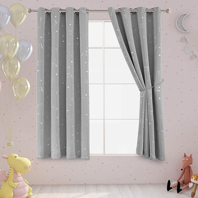 LORDTEX Dinosaur and Star Foil Print Blackout Curtains for Kids Room - Thermal Insulated Curtains Noise Reducing Window Drapes for Boys and Girls Bedroom, 52 x 45 Inch, Light Grey, Set of 2 Panels