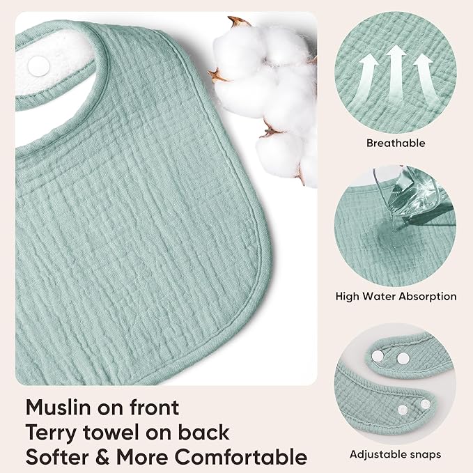 Bearmoss Baby Muslin Drooling Bibs 100% Cotton Square Adjustable Bibs Gift for Baby Girls Boys Teething Drool 8 Pack