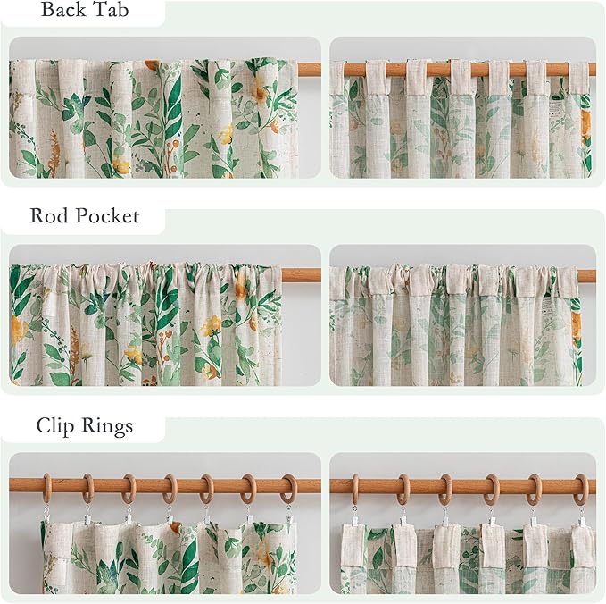 MYSKY HOME Linen Floral Curtains 63 inches Long 2 Panels Set for Bedroom, Sage Green Curtains Light Filtering Privacy Protect Farmhouse Style Decorative Drapes Back Tab for Home, 50" Wide Each Panel