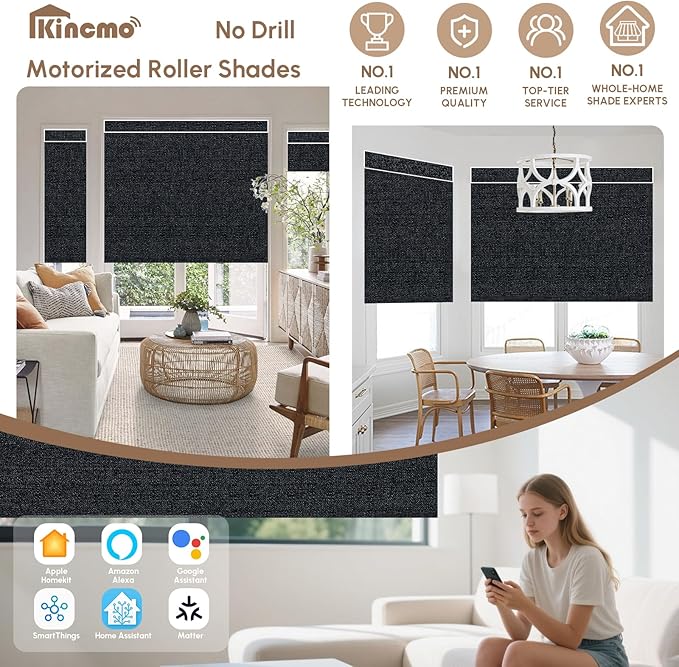 Kincmo No Drill Motorized Blinds with Remote, 100% Blackout Roller Shades for Windows, Custom Electric Blinds Compatible with Alexa, Apple Homekit, Google Home (100% Blackout Eclipse Onyx Black)