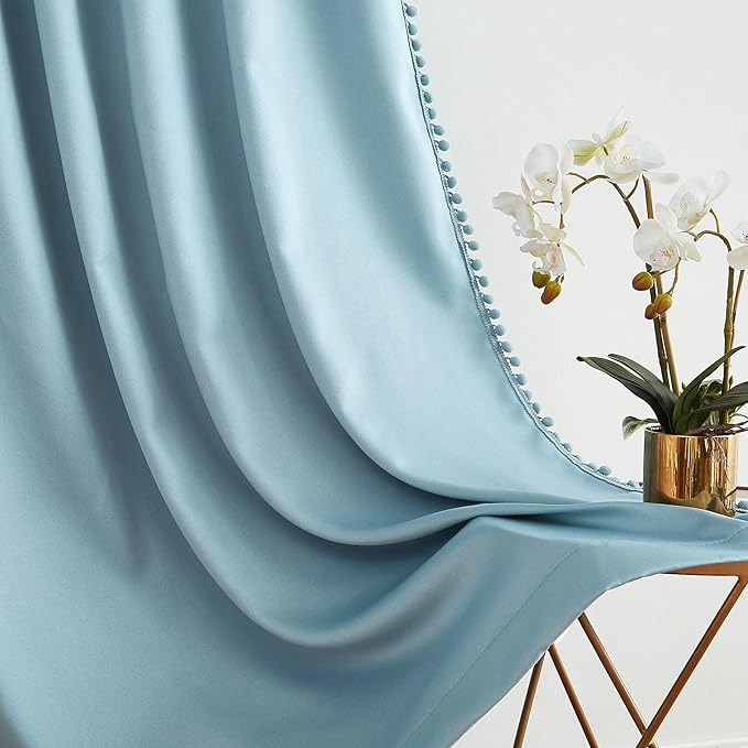 Treatmentex 100% Blackout Curtain Blue Sliding Door Curtains Pom Pom Extra Wide Glass Door Curtains for Living Room Energy Efficient Thermal Patio Door Drapes Grommet Top 1pc 100x84 Light Blue