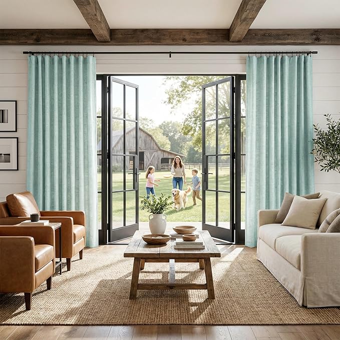 NICETOWN Seafoam Green Blackout Linen Curtains 95" Long, Rod Pocket Back Tab Full Light Blocking Drapes with White Thermal Insulated Liner for Nursery, Hall, Villa (2 Pieces, 52" Wide Each Panel)