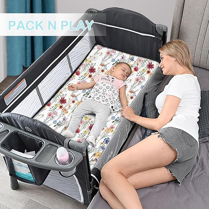 Bimocosy Pack and Play Sheets Fitted 4 Pack, 38 x 26 Inch Pack n Play Mini Crib Sheets for Boys and Girls, Soft Stretchy Playard Mattress Sheets for Graco Pack n Play, Butterfly Meadow