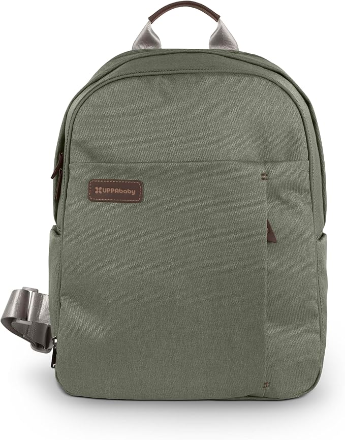 UPPAbaby Changing Backpack - Multiple Storage Compartments - Side Bottle + Laptop Pockets - Trolley Sleeve - Stroller Strap Attachment - Evelyn - Meadow Green | Chestnut Leather