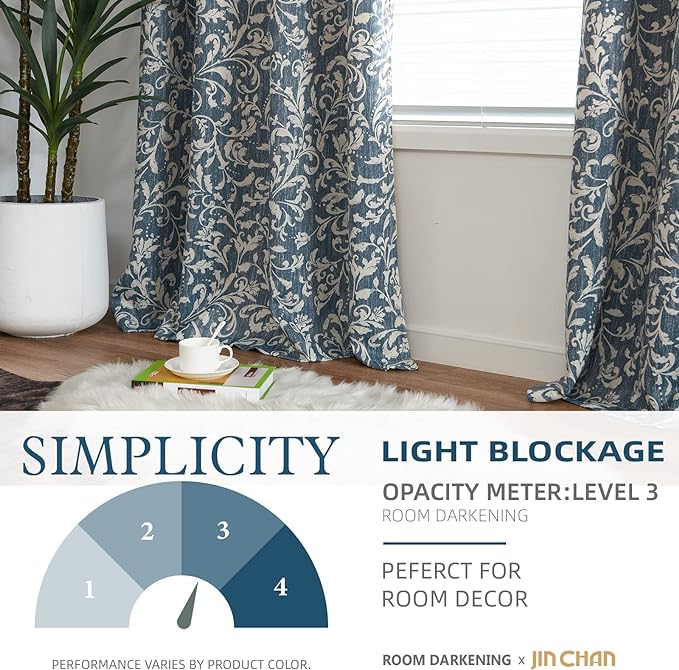jinchan 80% Blackout Curtains for Living Room, Farmhouse Drapes with Scroll Floral Patterned for Bedroom, Extra Long Grommet Thermal Insulated Curtains, Vintage Drapes 108 inch Length 2 Panels Blue