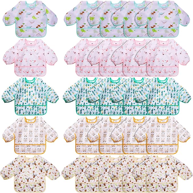 Tarpop Long Sleeve Bibs Infant Smocks Multi Pack Waterproof Soft Sleeved Bibs for Babies Toddler Eating Feeding