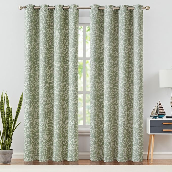 jinchan 80% Blackout Curtains for Living Room, Farmhouse Drapes with Scroll Floral Patterned for Bedroom, Grommet Top Thermal Insulated Curtains, Vintage Country Drapes 96 inch Length 2 Panels Green
