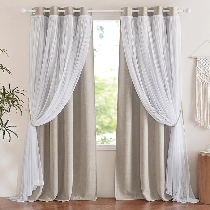 NICETOWN Faux Linen Blackout Curtains with Sheer Overly 84 inch Long for Living Room Bedroom, Grommet Thermal Insulated Curtain Panels for Kids Baby Room, 52" Wide per Panel, 2 Panels, Anogra