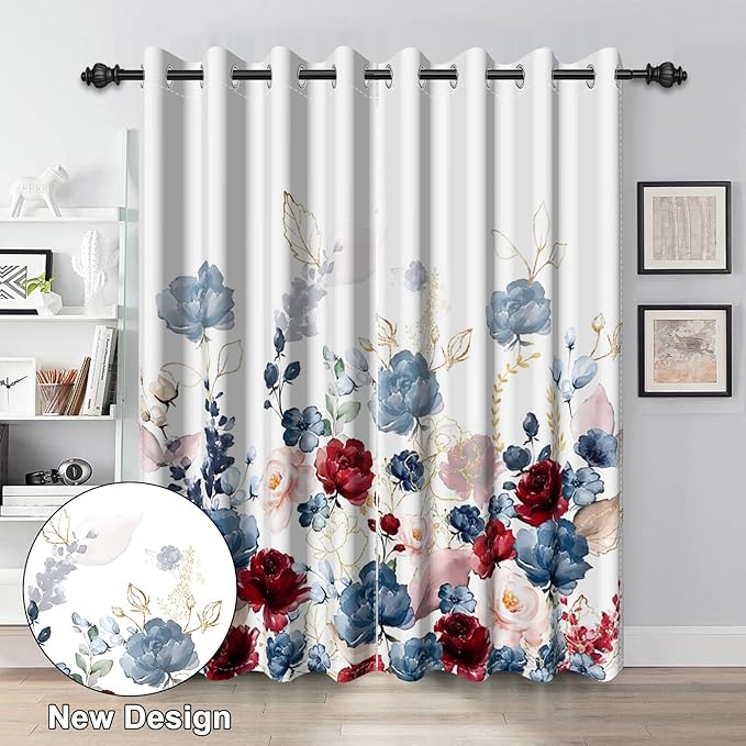 Renaiss Floral Blackout Curtains Watercolor Gray Blue and Red Peony Flower Bloossom Thermal Insulated Window Drapes for Bedroom 42W x 96L inches 2 Panel Set Window Curtains for Living Room