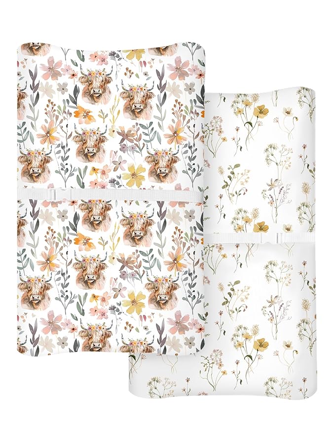 Changing Pad Cover for Baby Boys Girls 2 Pack, Fits Standard 32”×16” Changing Table Pads, Silky Breathable Stretch Knit, Machine Washable (Cottage Cow)