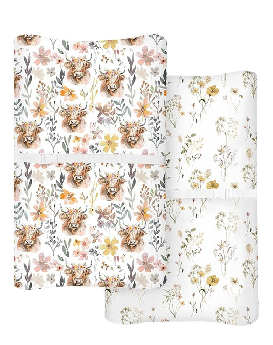 Changing Pad Cover for Baby Boys Girls 2 Pack, Fits Standard 32”×16” Changing Table Pads, Silky Breathable Stretch Knit, Machine Washable (Cottage Cow)