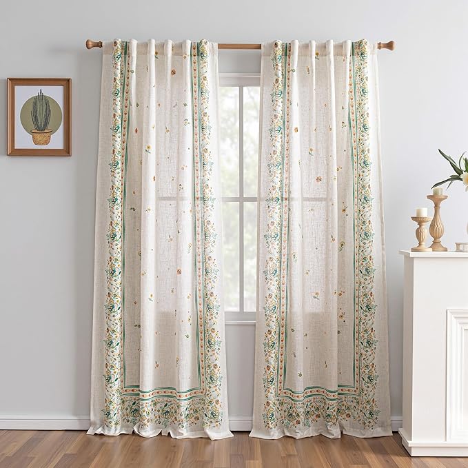 MYSKY HOME Boho Floral Linen Blend Curtains 84 inches Long for Living Room Bohemian Style Farmhouse Flower Patterned Light Filtering Privacy Protect Back Tab Drapes, 50'' Wide, Yellow and Blue, 2 Pcs