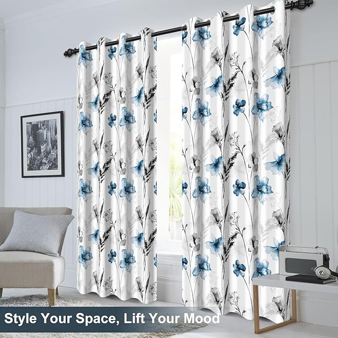 Watercolor Blue Floral Blackout Curtains for Living Room and Bedroom, Grommet Light Filtering Black Out Window Curtains 84 Inch Long 2 Panel Sets, Room Darkening Thermal Curtains for Winter Insulated