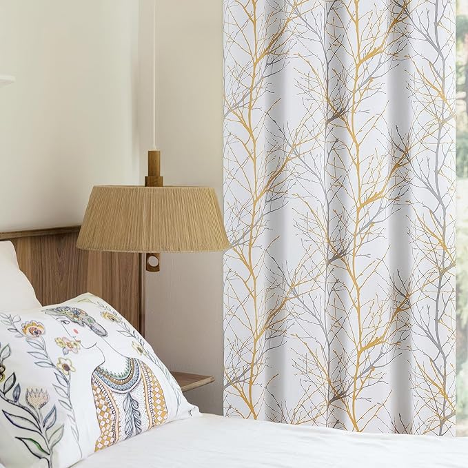 FMFUNCTEX 100% Blackout Patio Sliding Glass Door Curtains 96 Inch Long for Bedroom, Yellow Grey on White Tree Branch Patterned Drapes for Living Room Divider, Extra Wide Thermal Insulated Panels
