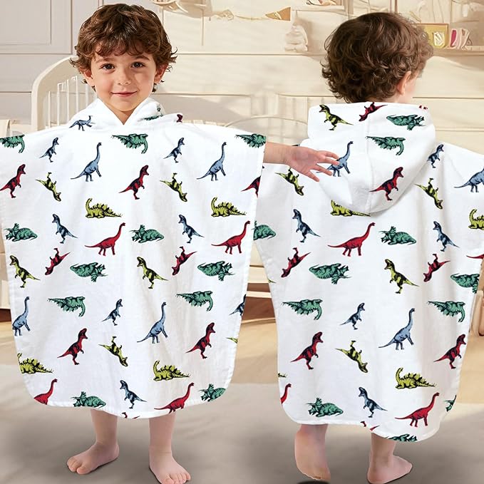 VOOVA & MOVAS Toddler Hooded Towel, Oversized (2-4Years,22"X22") Made from 100% Soft Cotton,Absorbent Hooded Poncho Towel for Baby Girl,Perfect for Pool | Swimming | Bath | Beach,Dino