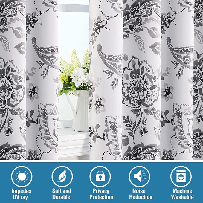 H.VERSAILTEX 100% Blackout Curtains for Bedroom Paisley Floral Printed Curtains 63 Inches Long Grommet Curtains & Drapes Thermal Curtains Window Treatments with Black Liner 2 Panels, Grey