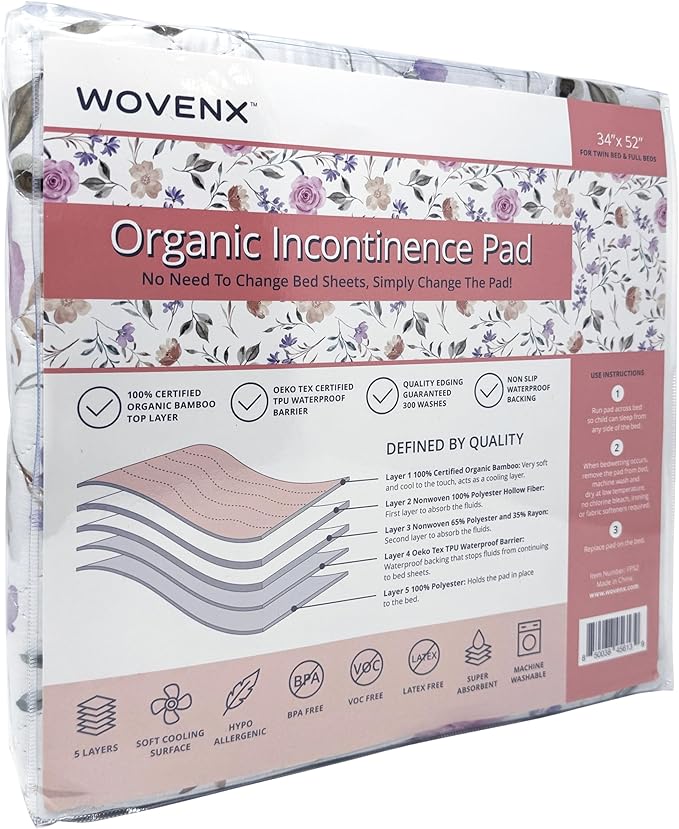 WOVENX Organic Incontinence Pads for Kids & Toddlers - 5 Layer Waterproof Protectors for Overnight Bed Wetting - Reusable & Washable Pee Pads - Fits Twin to Full Size Beds - 34" x 52" Flower