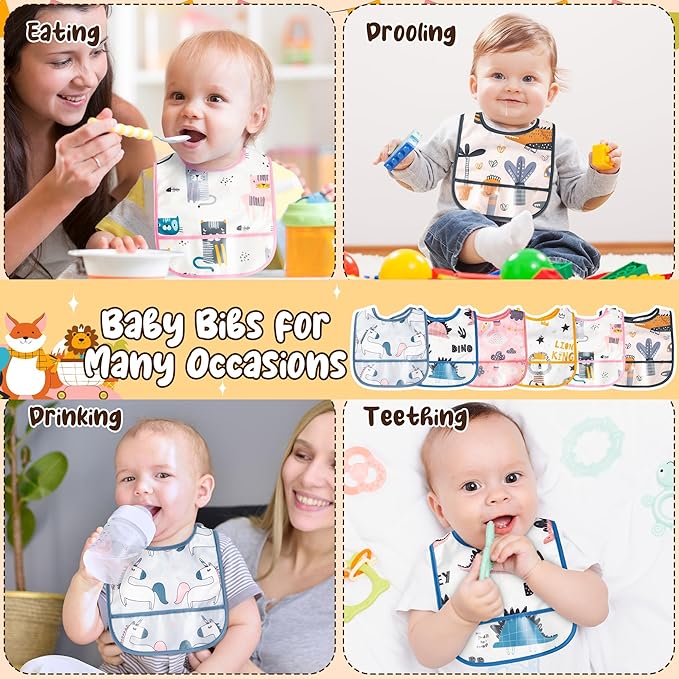 2ooya 6Pcs Waterproof Toddler Bibs Baby Feeding Bib Set with Crumb Catcher Pocket, Adjustable Infant Baby Teething Bib, Babies Sleeveless Animals Food Bibs Keepsake Gift for Baby Shower, 6-24 Months
