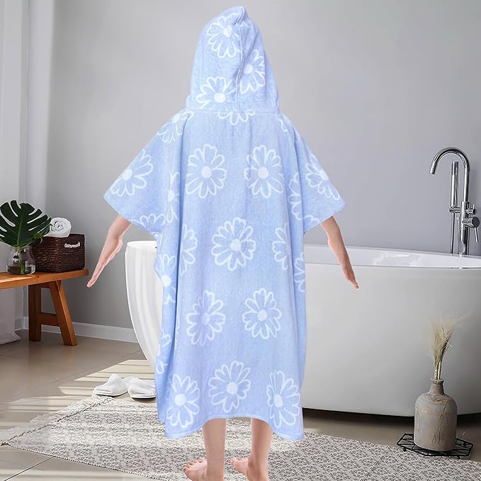 VOOVA & MOVAS Hooded Poncho Towel for Teens/Big Kids (8-14 Years) | Soft Absorbent 100% Cotton Towel Robe | Versatile Beach, Pool, Swim & Bath Cover-Up | Jacquard Blue Daisy