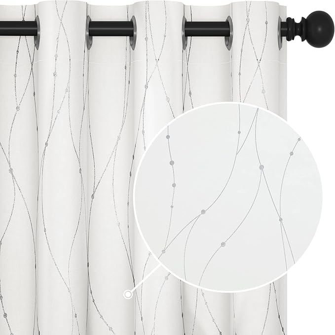 Deconovo Room Darkening Curtains, Pure White Curtain, Thermal Insulated Noise Reduced Drapes, Silver Wave Dots Print, 52 x 108 Inch Long, Machine Washable Window Panels for Patio Door, Set of 2