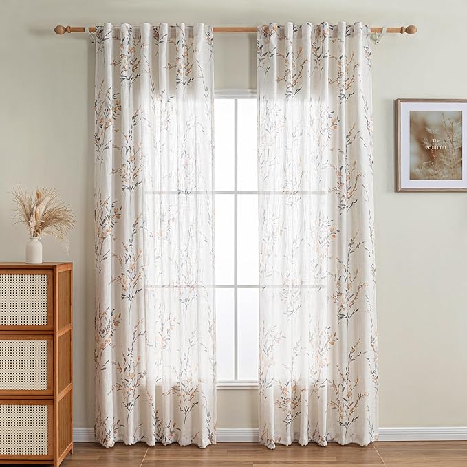 MYSKY HOME Yellow Curtains 84 Inch Length 2 Panels Set for Living Room Semi Sheer Curtains Bedroom Floral Printing Linen Look Drapes with Light Filtering Privacy Protect for Sliding Door, 50'' X 84''