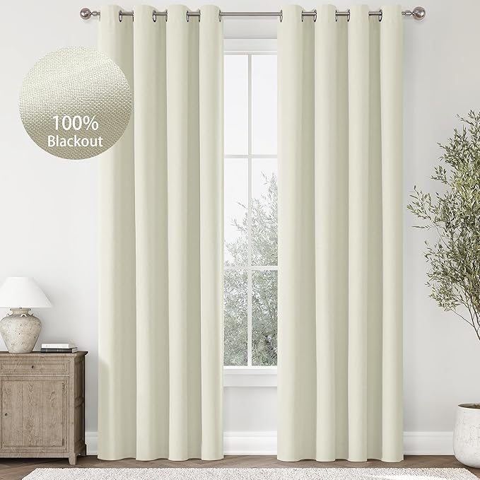 ChrisDowa 100% Blackout Ivory Solid Curtains 84 Inches Long 2 Panels for Bedroom Living Room,Farmhouse Room Darkening Thermal Insulated Soundproof Grommet Top Window Treatment Drapes,52x84