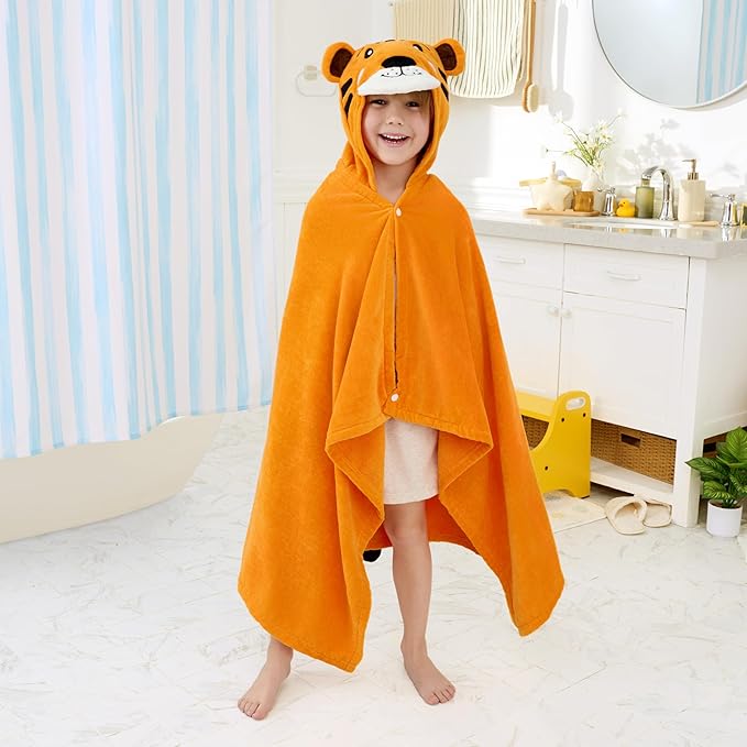Joiedomi Hooded Towel for Kids Soft 100% Cotton Bath Beach Towel 30" x 50" for Kids 3-10 Years Toddler Pool Poncho with Hood Absorbent Swim Wrap for Boys Girls Yellow Tiger