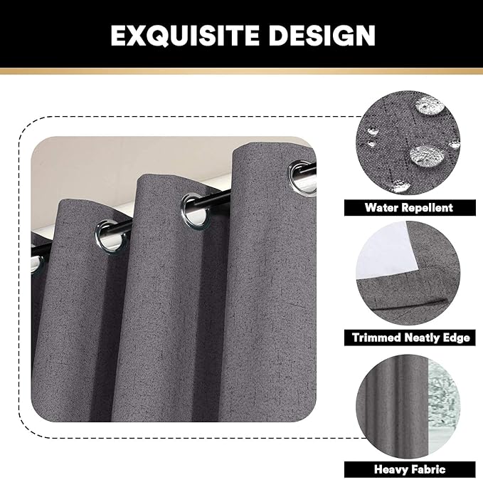 PrinceDeco Blackout Curtains Linen Textured 100% Thermal Insulated Sun Blocking Drapes for Bedroom Nursery Grommet Room Darkening Linen Curtains with White Liner, 2 Panels Set,52" W x 54" L,Grey