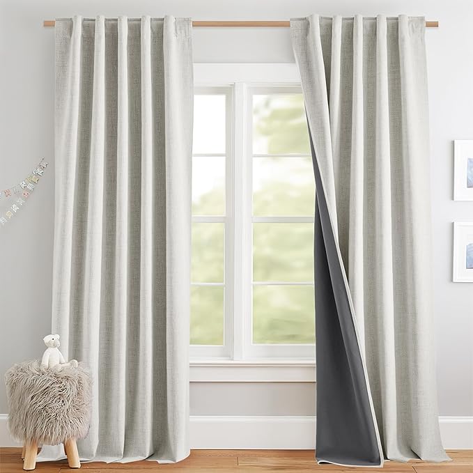 NICETOWN 100% Blackout Linen Curtains 84 inches Long 2 Panels, Thermal Insulated Curtains with Liners for Bedroom, Farmhouse Style Privacy Window Draperies for Living Room, Snowbound, W42 per Panel