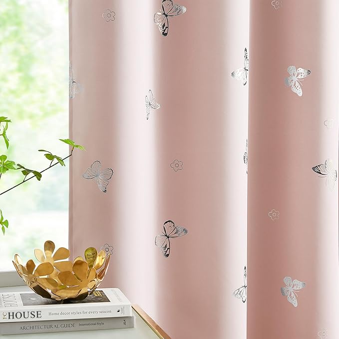 Jubilantex Butterfly Blackout Curtains Pink Silver 95" Long for Girls Bedroom Living Room Nursery Window Curtains with Black Layer,Grommet Top