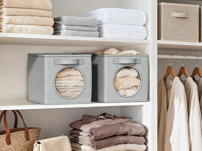 Vailando Foldable Fabric Storage Cube with Round Window - 4 Pack 11"x11"x11" Collapsible Closet Organizer Bins for Clothes, Shelves, Offices, Laundry & Misc, Light Gray