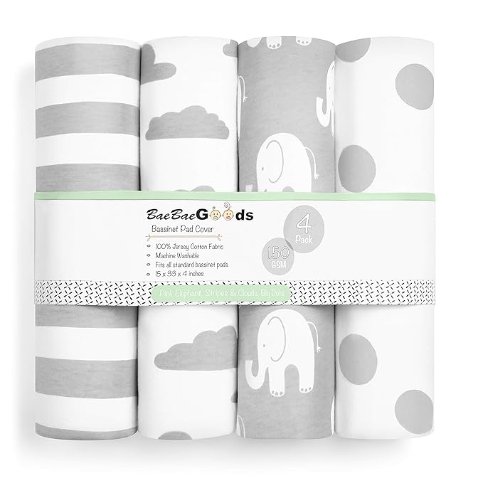 Bassinet Bed Sheets – Bassinet Fitted Sheets 4 Pack – 100% Jersey Knit Cotton Cradle Sheets – Bassinet Bedding for Standard Size Oval or Rectangular Bassinet Pads – Bassinet Sheet for Boy & Girl